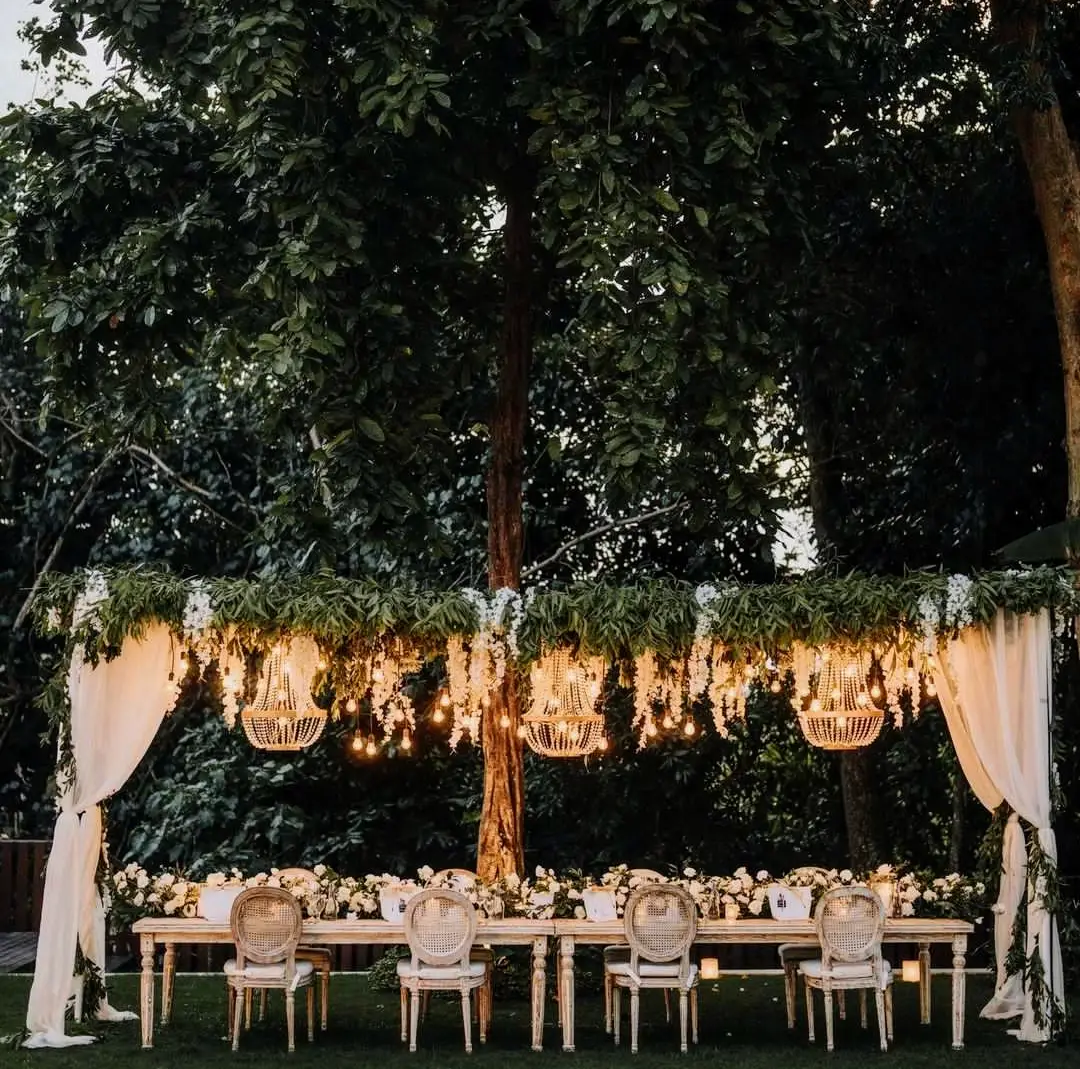 A long dinner table under a canopy of lights