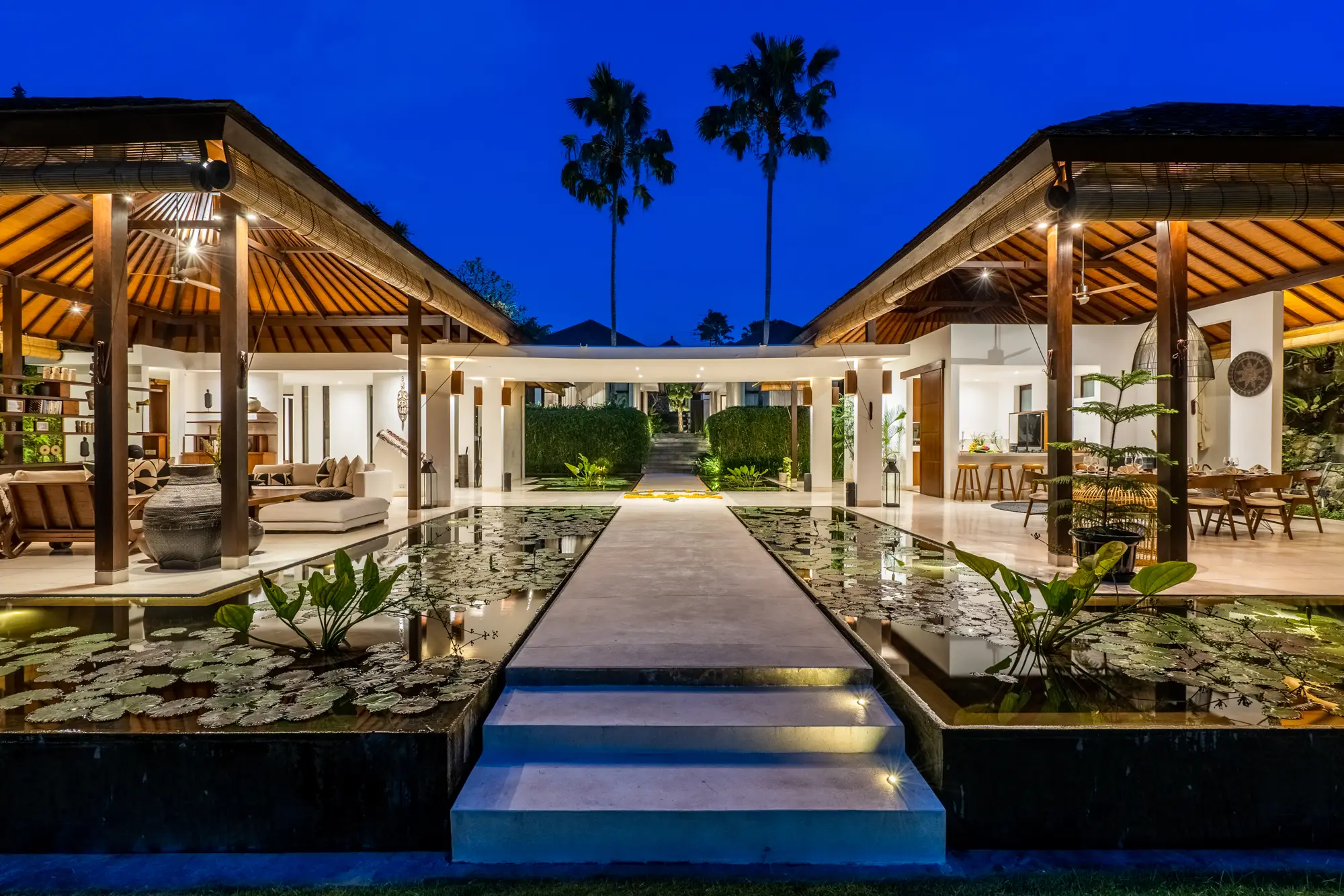 The lotus walkway lit at night